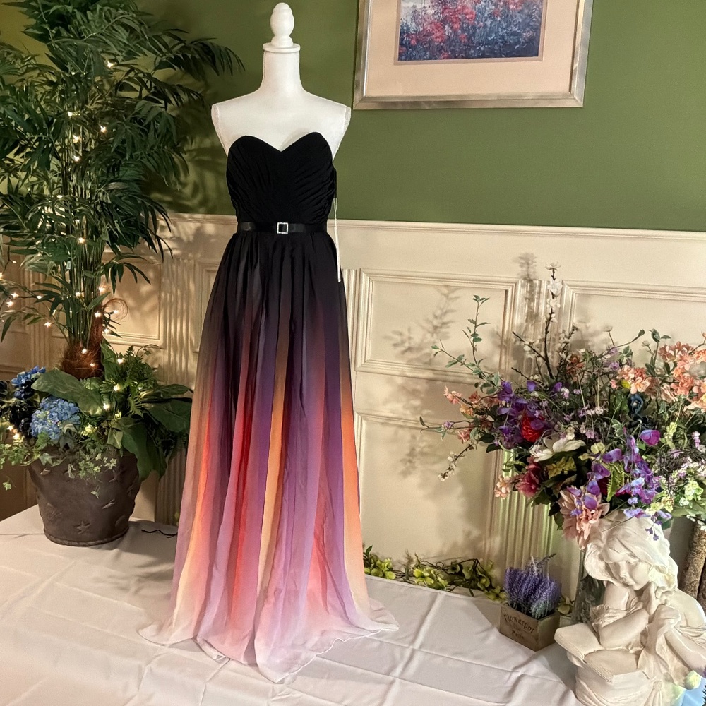 Long black multi strapless prom dress
